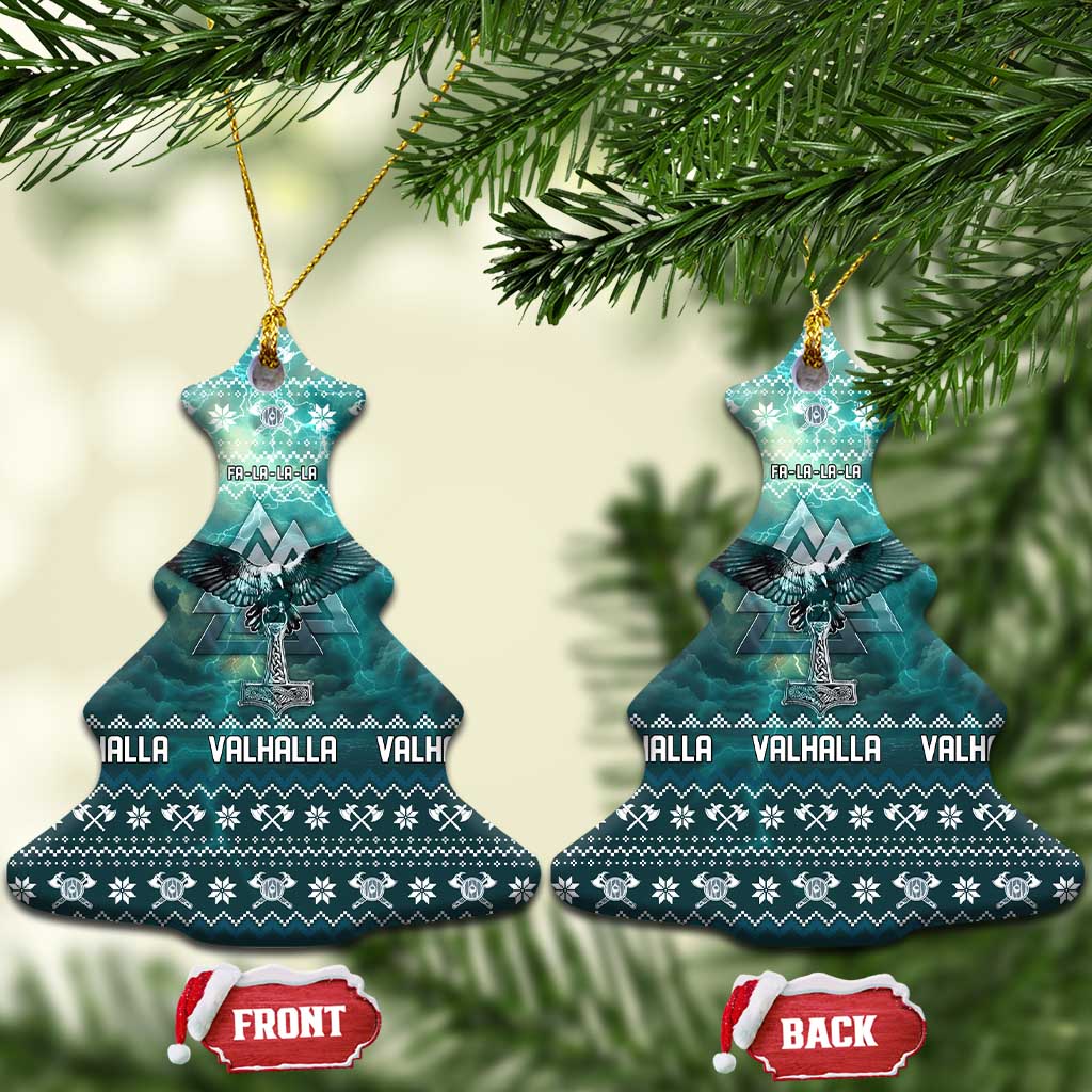 Viking Valhalla Christmas Ceramic Ornament with Norse Symbols Raven and Fa La La La Design - Wonder Print Shop