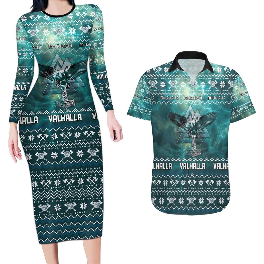 Viking Valhalla Christmas Couples Matching Long Sleeve Bodycon Dress and Hawaiian Shirt with Norse Symbols Raven and Fa La La La Design - Wonder Print Shop