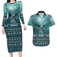 Viking Valhalla Christmas Couples Matching Long Sleeve Bodycon Dress and Hawaiian Shirt with Norse Symbols Raven and Fa La La La Design - Wonder Print Shop