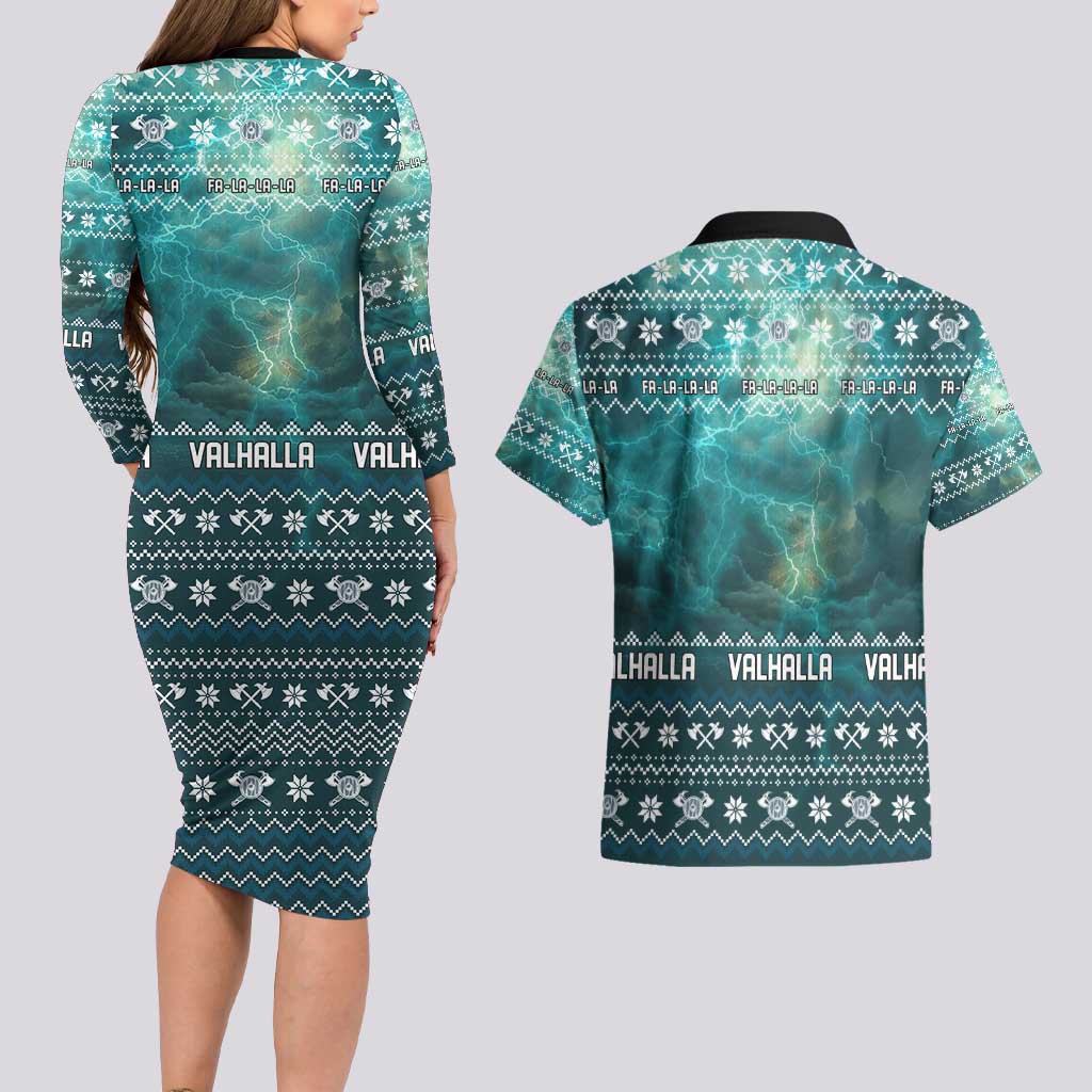 Viking Valhalla Christmas Couples Matching Long Sleeve Bodycon Dress and Hawaiian Shirt with Norse Symbols Raven and Fa La La La Design - Wonder Print Shop