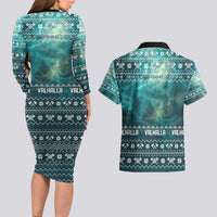 Viking Valhalla Christmas Couples Matching Long Sleeve Bodycon Dress and Hawaiian Shirt with Norse Symbols Raven and Fa La La La Design - Wonder Print Shop