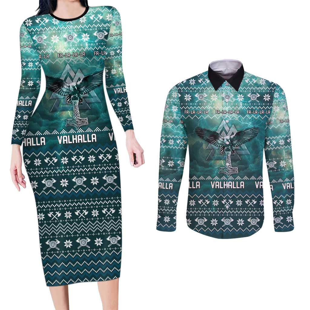 Viking Valhalla Christmas Couples Matching Long Sleeve Bodycon Dress and Long Sleeve Button Shirt with Norse Symbols Raven and Fa La La La Design - Wonder Print Shop