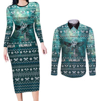 Viking Valhalla Christmas Couples Matching Long Sleeve Bodycon Dress and Long Sleeve Button Shirt with Norse Symbols Raven and Fa La La La Design - Wonder Print Shop