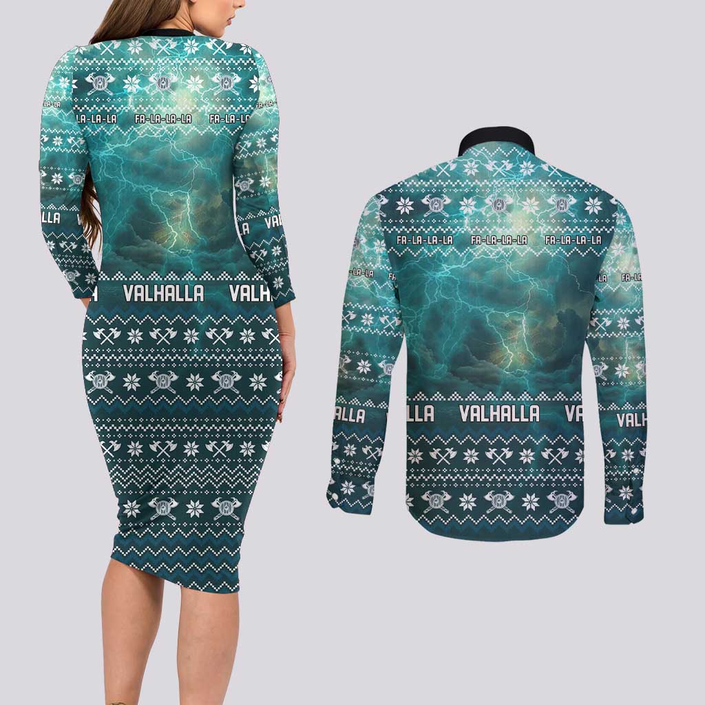 Viking Valhalla Christmas Couples Matching Long Sleeve Bodycon Dress and Long Sleeve Button Shirt with Norse Symbols Raven and Fa La La La Design - Wonder Print Shop