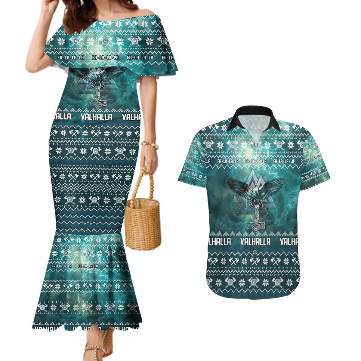 Viking Valhalla Christmas Couples Matching Mermaid Dress and Hawaiian Shirt with Norse Symbols Raven and Fa La La La Design - Wonder Print Shop