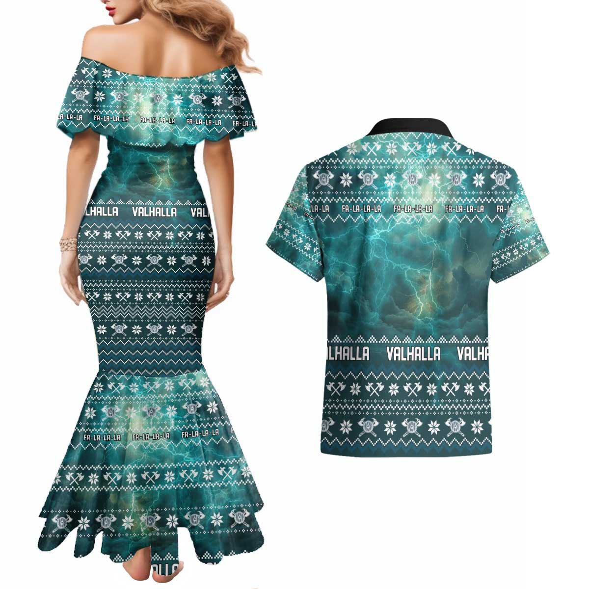 Viking Valhalla Christmas Couples Matching Mermaid Dress and Hawaiian Shirt with Norse Symbols Raven and Fa La La La Design - Wonder Print Shop