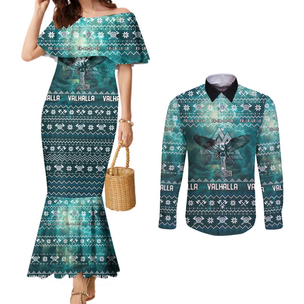 Viking Valhalla Christmas Couples Matching Mermaid Dress and Long Sleeve Button Shirt with Norse Symbols Raven and Fa La La La Design - Wonder Print Shop