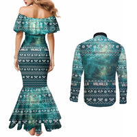Viking Valhalla Christmas Couples Matching Mermaid Dress and Long Sleeve Button Shirt with Norse Symbols Raven and Fa La La La Design - Wonder Print Shop