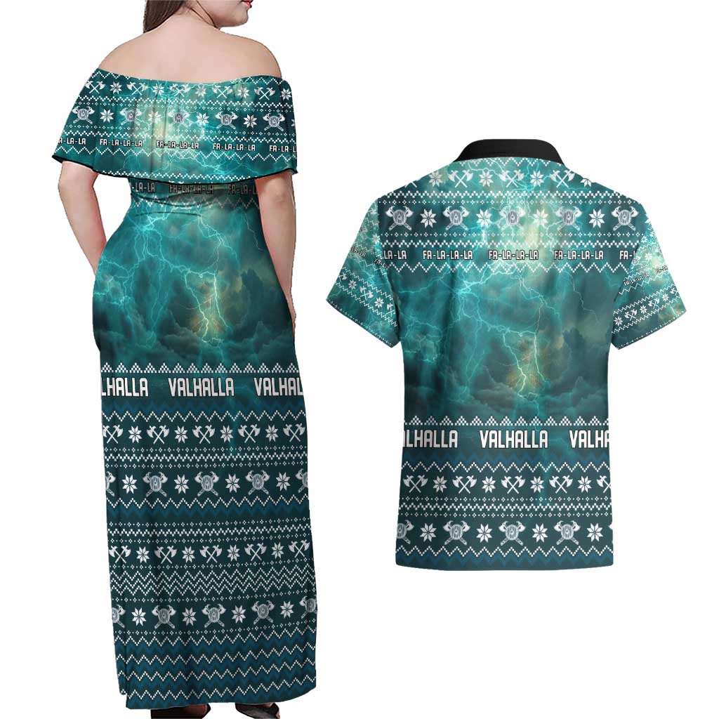 Viking Valhalla Christmas Couples Matching Off Shoulder Maxi Dress and Hawaiian Shirt with Norse Symbols Raven and Fa La La La Design - Wonder Print Shop