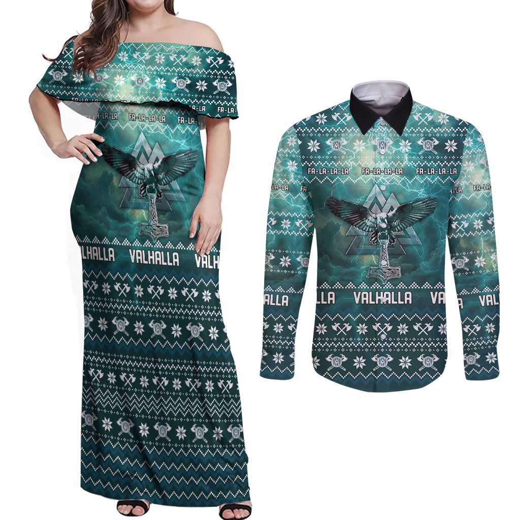 Viking Valhalla Christmas Couples Matching Off Shoulder Maxi Dress and Long Sleeve Button Shirt with Norse Symbols Raven and Fa La La La Design - Wonder Print Shop