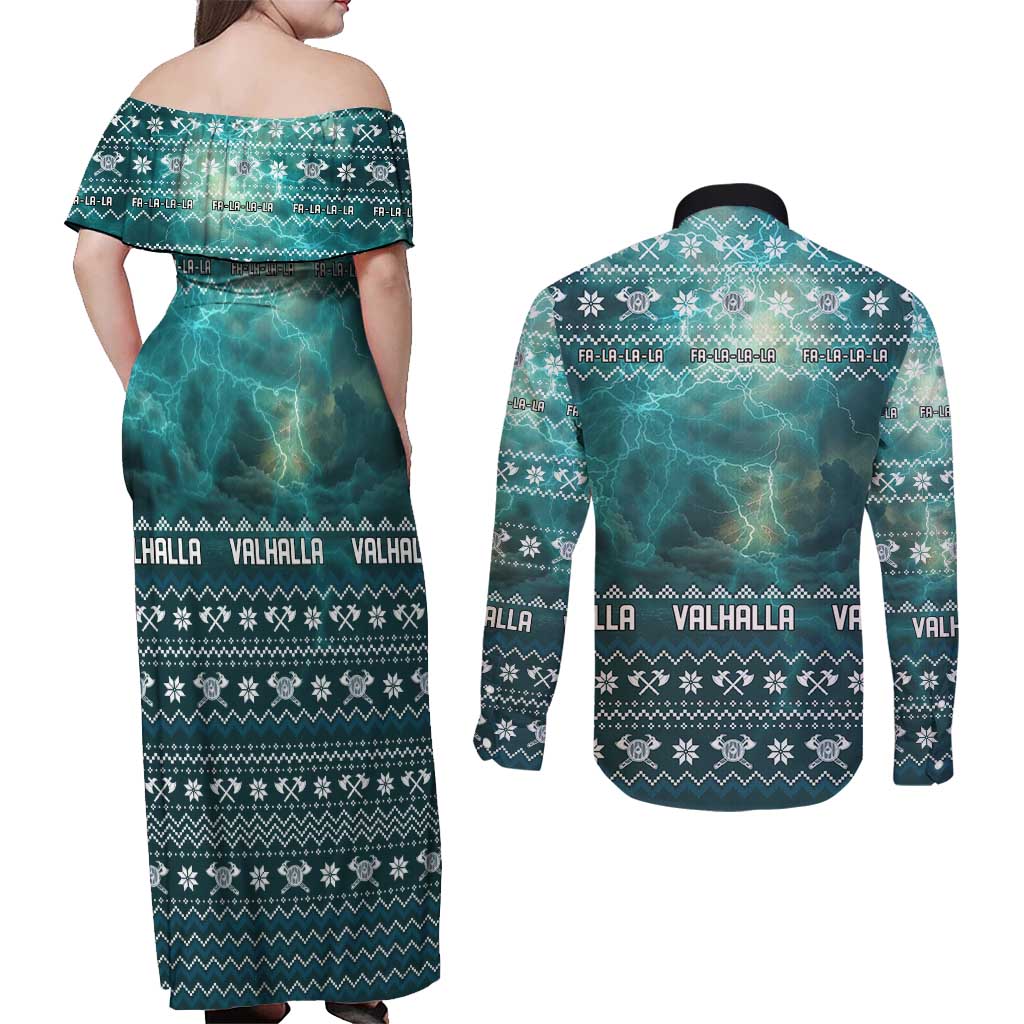 Viking Valhalla Christmas Couples Matching Off Shoulder Maxi Dress and Long Sleeve Button Shirt with Norse Symbols Raven and Fa La La La Design - Wonder Print Shop