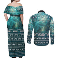 Viking Valhalla Christmas Couples Matching Off Shoulder Maxi Dress and Long Sleeve Button Shirt with Norse Symbols Raven and Fa La La La Design - Wonder Print Shop