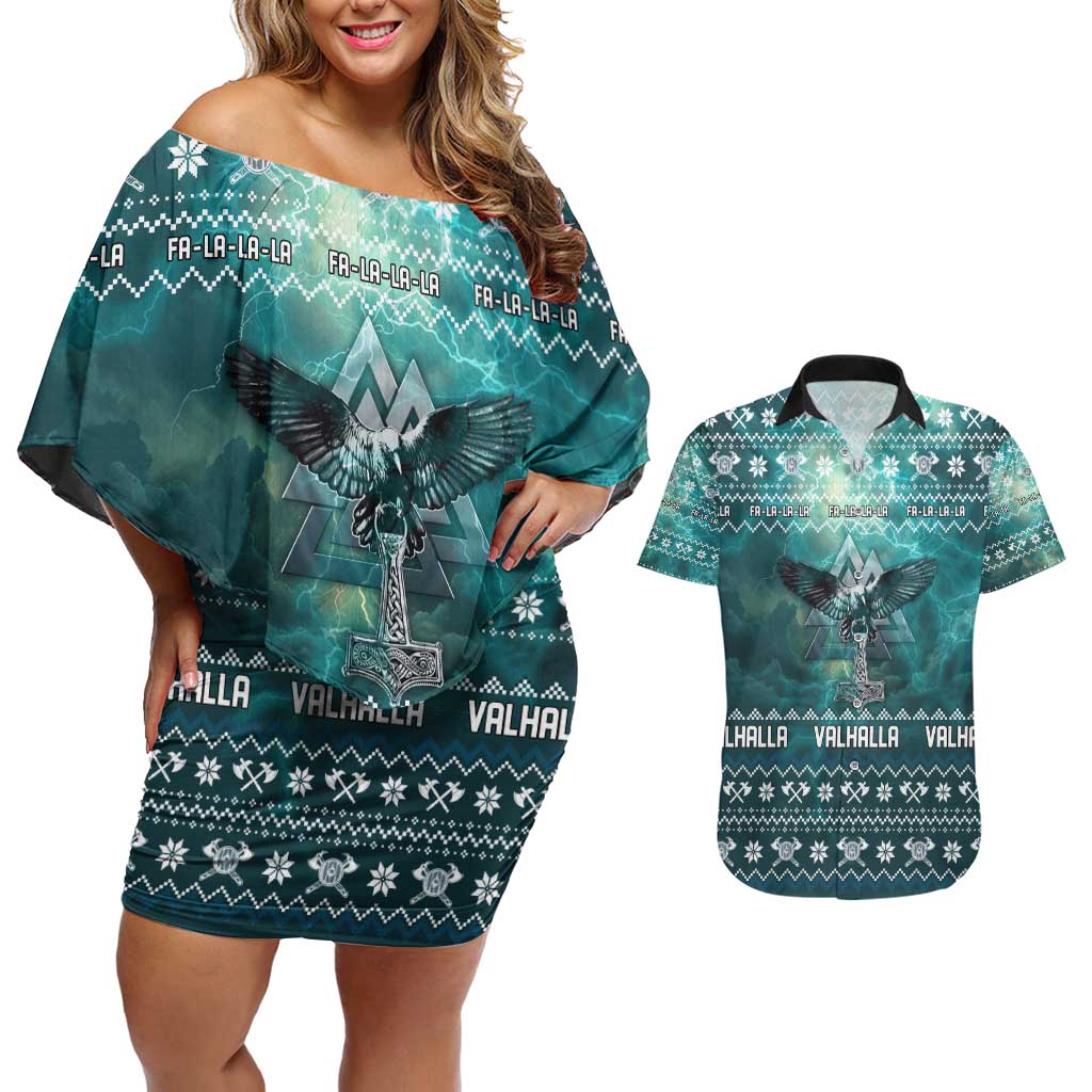 Viking Valhalla Christmas Couples Matching Off Shoulder Short Dress and Hawaiian Shirt with Norse Symbols Raven and Fa La La La Design - Wonder Print Shop
