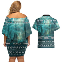 Viking Valhalla Christmas Couples Matching Off Shoulder Short Dress and Hawaiian Shirt with Norse Symbols Raven and Fa La La La Design - Wonder Print Shop