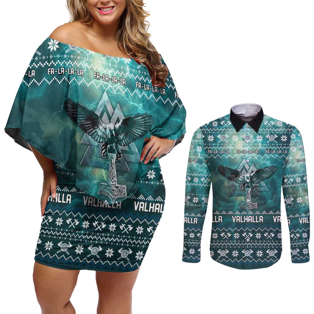 Viking Valhalla Christmas Couples Matching Off Shoulder Short Dress and Long Sleeve Button Shirt with Norse Symbols Raven and Fa La La La Design - Wonder Print Shop
