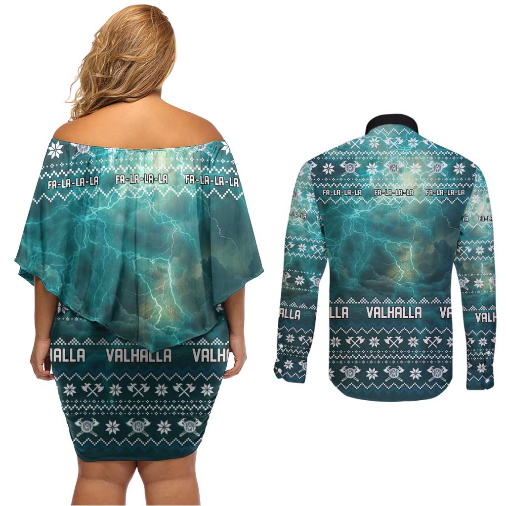 Viking Valhalla Christmas Couples Matching Off Shoulder Short Dress and Long Sleeve Button Shirt with Norse Symbols Raven and Fa La La La Design - Wonder Print Shop
