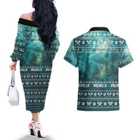 Viking Valhalla Christmas Couples Matching Off The Shoulder Long Sleeve Dress and Hawaiian Shirt with Norse Symbols Raven and Fa La La La Design - Wonder Print Shop