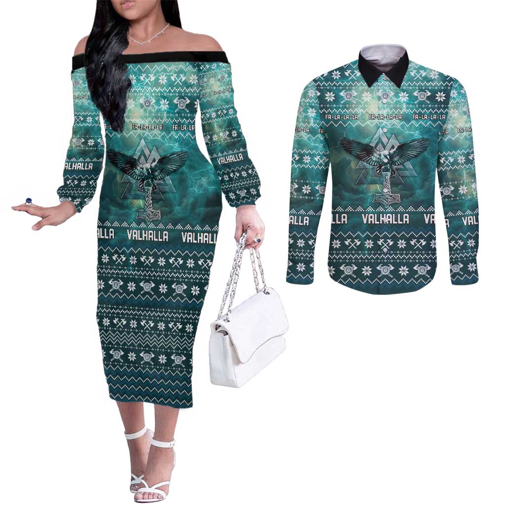 Viking Valhalla Christmas Couples Matching Off The Shoulder Long Sleeve Dress and Long Sleeve Button Shirt with Norse Symbols Raven and Fa La La La Design - Wonder Print Shop