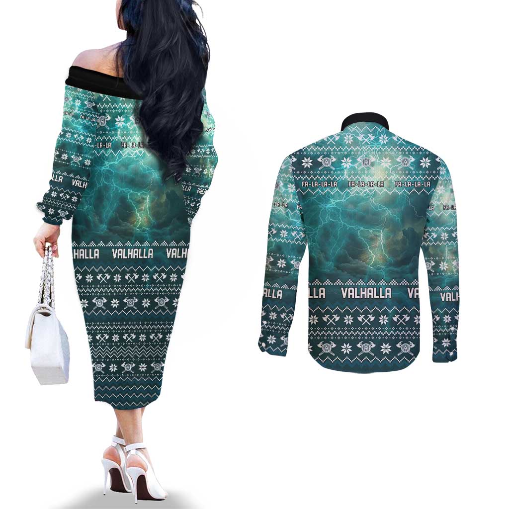 Viking Valhalla Christmas Couples Matching Off The Shoulder Long Sleeve Dress and Long Sleeve Button Shirt with Norse Symbols Raven and Fa La La La Design - Wonder Print Shop