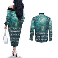 Viking Valhalla Christmas Couples Matching Off The Shoulder Long Sleeve Dress and Long Sleeve Button Shirt with Norse Symbols Raven and Fa La La La Design - Wonder Print Shop