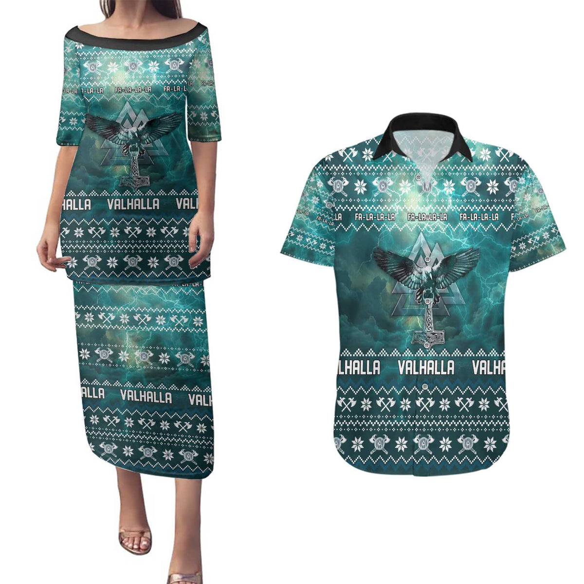 Viking Valhalla Christmas Couples Matching Puletasi and Hawaiian Shirt with Norse Symbols Raven and Fa La La La Design - Wonder Print Shop