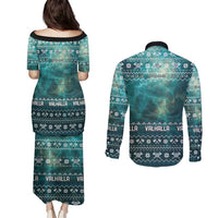 Viking Valhalla Christmas Couples Matching Puletasi and Long Sleeve Button Shirt with Norse Symbols Raven and Fa La La La Design - Wonder Print Shop