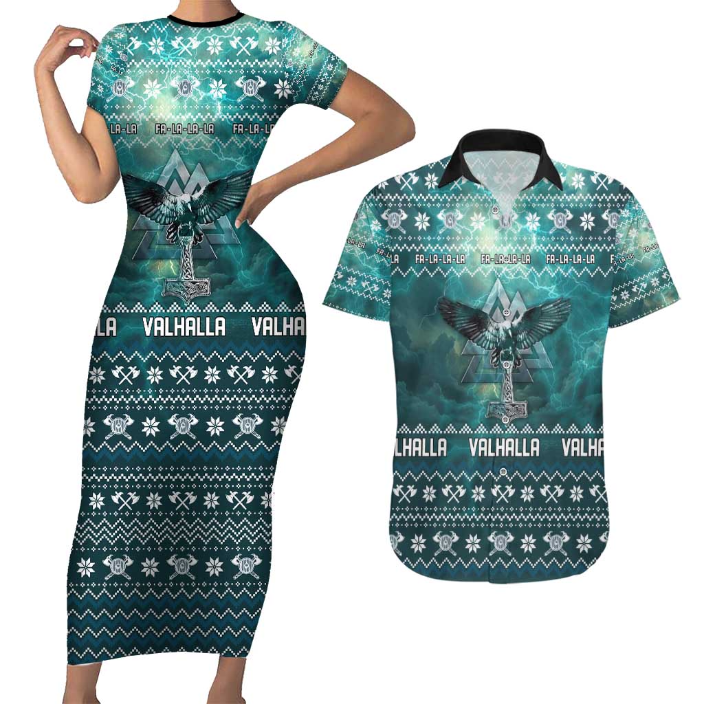 Viking Valhalla Christmas Couples Matching Short Sleeve Bodycon Dress and Hawaiian Shirt with Norse Symbols Raven and Fa La La La Design - Wonder Print Shop