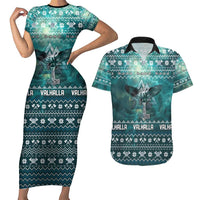 Viking Valhalla Christmas Couples Matching Short Sleeve Bodycon Dress and Hawaiian Shirt with Norse Symbols Raven and Fa La La La Design - Wonder Print Shop