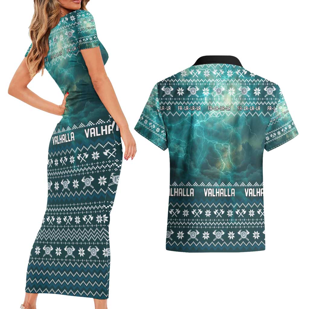 Viking Valhalla Christmas Couples Matching Short Sleeve Bodycon Dress and Hawaiian Shirt with Norse Symbols Raven and Fa La La La Design - Wonder Print Shop