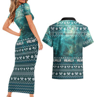Viking Valhalla Christmas Couples Matching Short Sleeve Bodycon Dress and Hawaiian Shirt with Norse Symbols Raven and Fa La La La Design - Wonder Print Shop