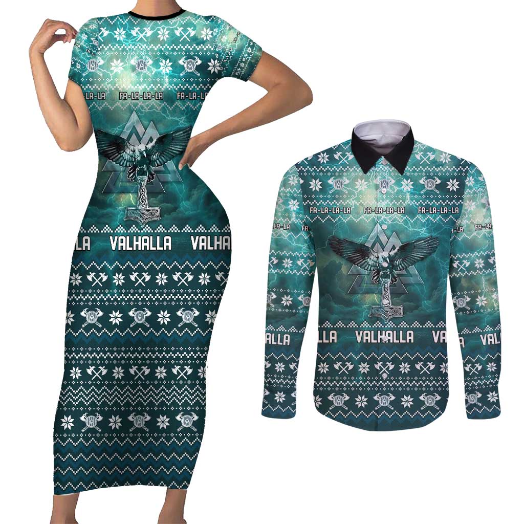 Viking Valhalla Christmas Couples Matching Short Sleeve Bodycon Dress and Long Sleeve Button Shirt with Norse Symbols Raven and Fa La La La Design - Wonder Print Shop