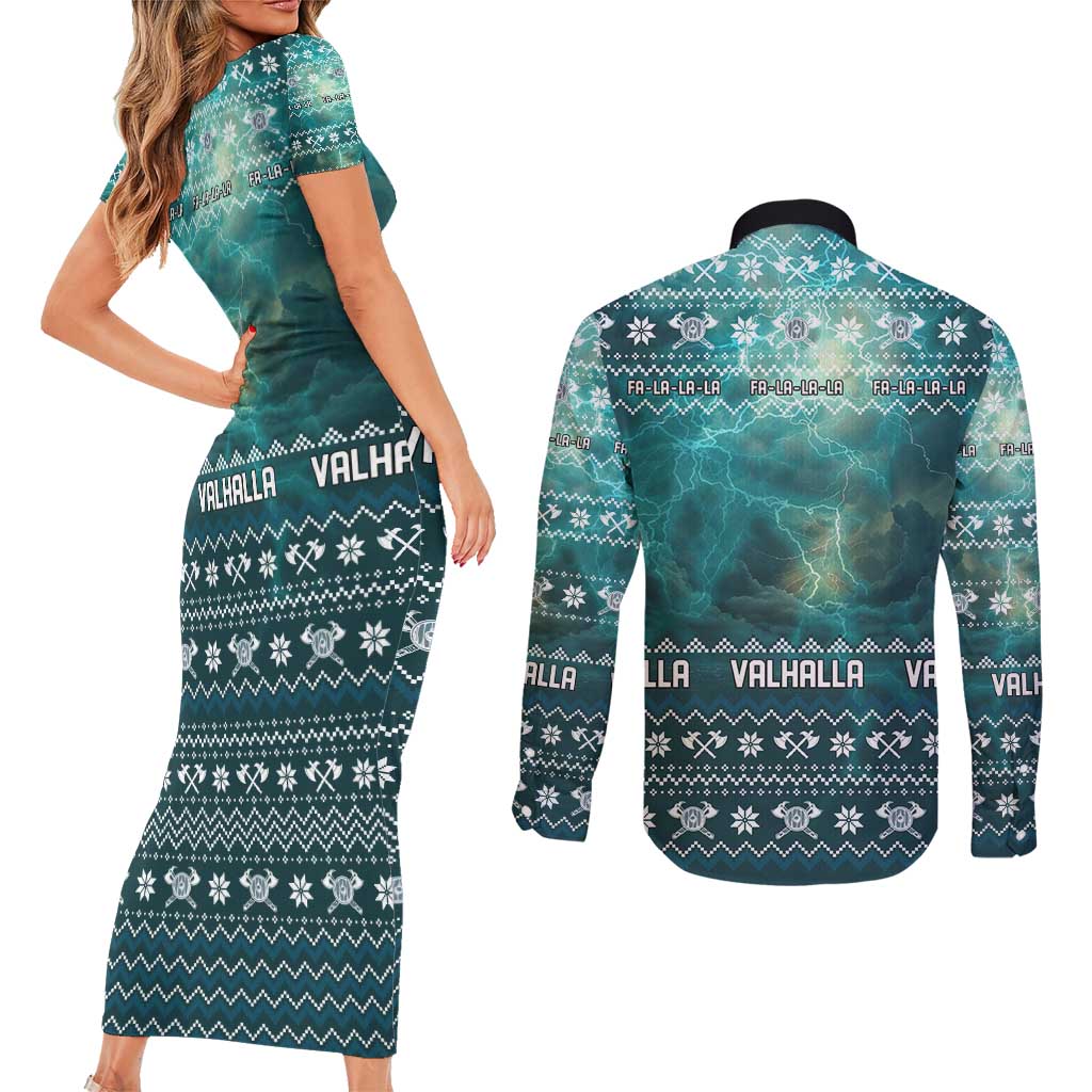 Viking Valhalla Christmas Couples Matching Short Sleeve Bodycon Dress and Long Sleeve Button Shirt with Norse Symbols Raven and Fa La La La Design - Wonder Print Shop