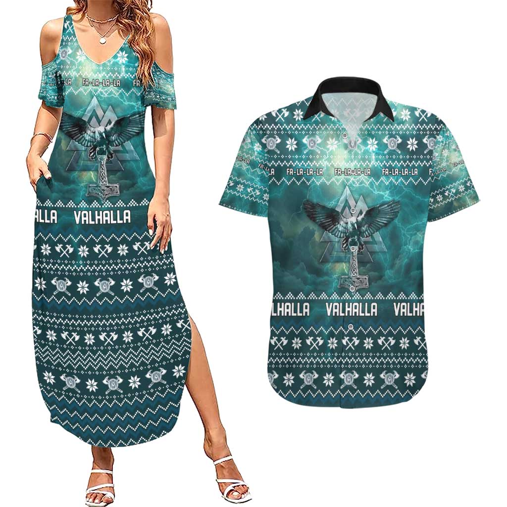 Viking Valhalla Christmas Couples Matching Summer Maxi Dress and Hawaiian Shirt with Norse Symbols Raven and Fa La La La Design - Wonder Print Shop