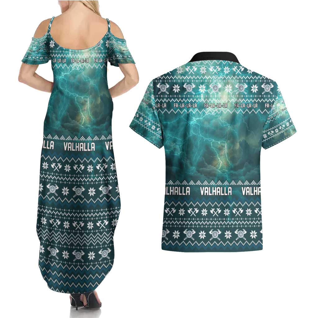 Viking Valhalla Christmas Couples Matching Summer Maxi Dress and Hawaiian Shirt with Norse Symbols Raven and Fa La La La Design - Wonder Print Shop