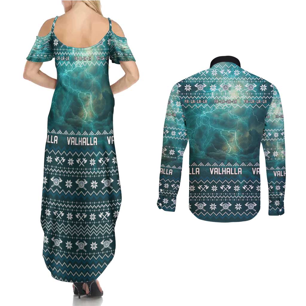 Viking Valhalla Christmas Couples Matching Summer Maxi Dress and Long Sleeve Button Shirt with Norse Symbols Raven and Fa La La La Design - Wonder Print Shop