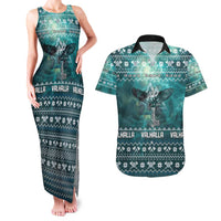 Viking Valhalla Christmas Couples Matching Tank Maxi Dress and Hawaiian Shirt with Norse Symbols Raven and Fa La La La Design - Wonder Print Shop