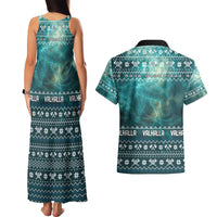 Viking Valhalla Christmas Couples Matching Tank Maxi Dress and Hawaiian Shirt with Norse Symbols Raven and Fa La La La Design - Wonder Print Shop