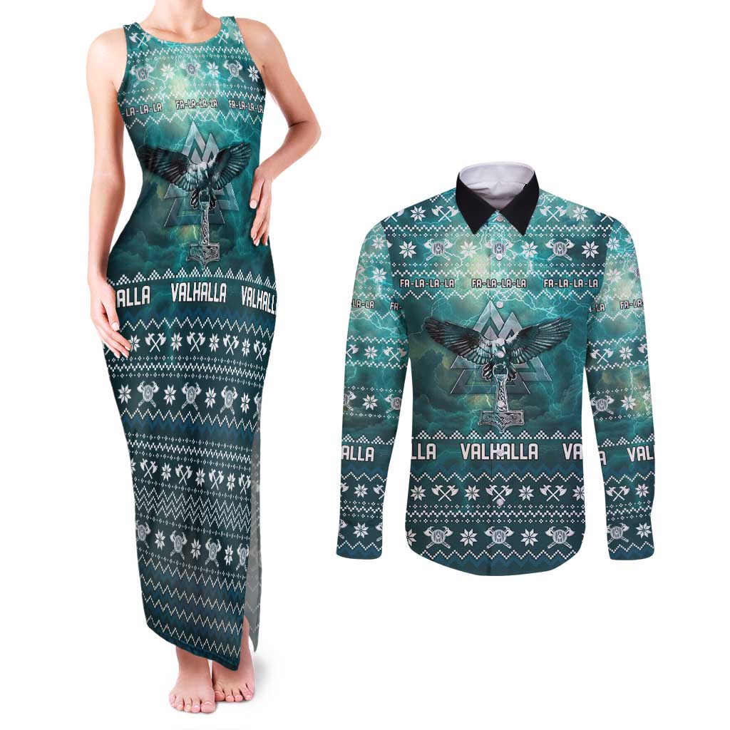 Viking Valhalla Christmas Couples Matching Tank Maxi Dress and Long Sleeve Button Shirt with Norse Symbols Raven and Fa La La La Design - Wonder Print Shop