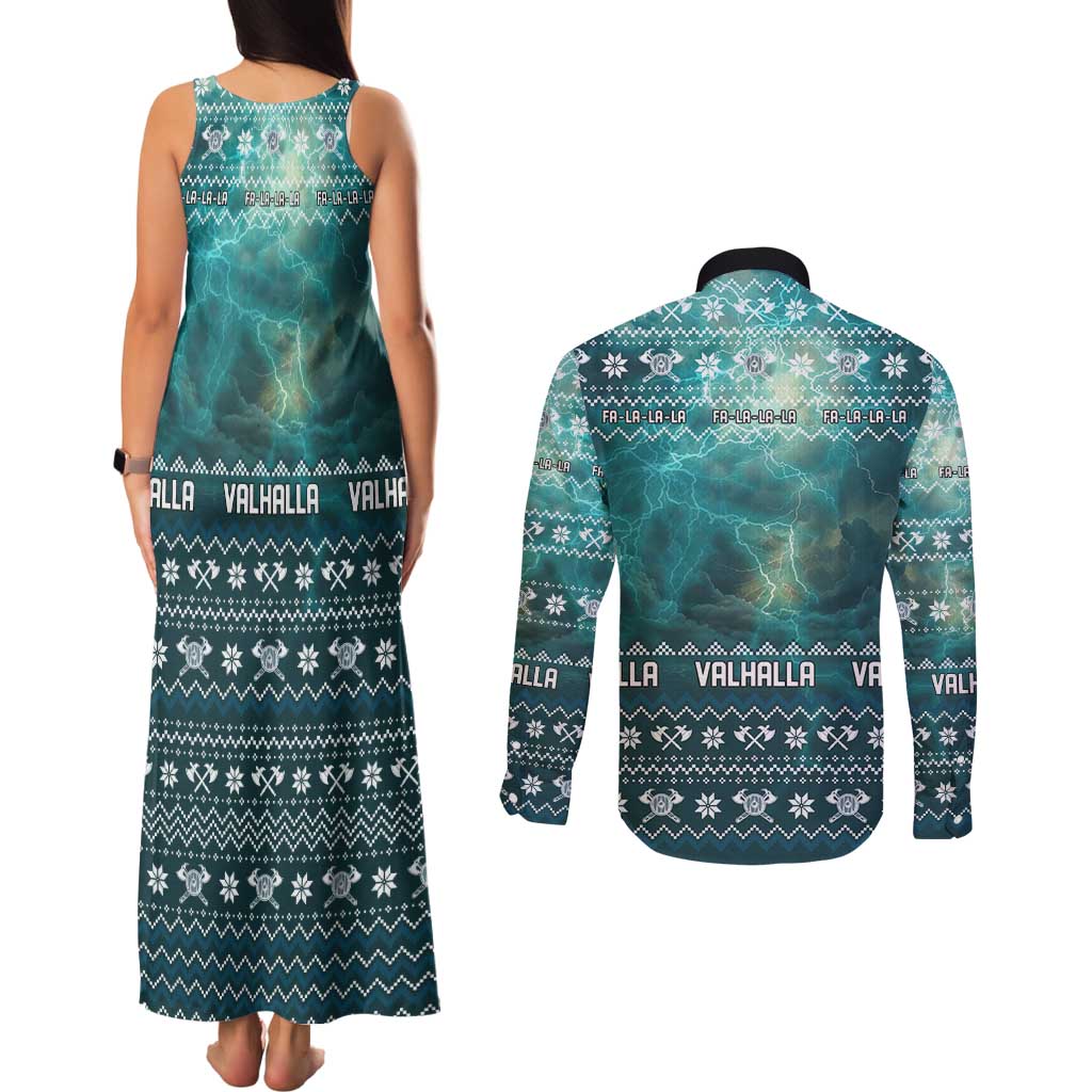 Viking Valhalla Christmas Couples Matching Tank Maxi Dress and Long Sleeve Button Shirt with Norse Symbols Raven and Fa La La La Design - Wonder Print Shop