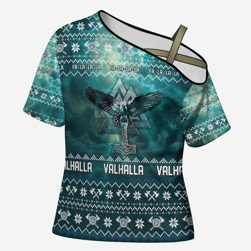 Viking Valhalla Christmas Cross Shoulder Shirt with Norse Symbols Raven and Fa La La La Design - Wonder Print Shop