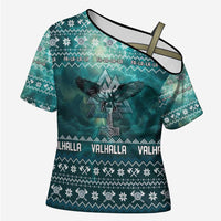 Viking Valhalla Christmas Cross Shoulder Shirt with Norse Symbols Raven and Fa La La La Design - Wonder Print Shop