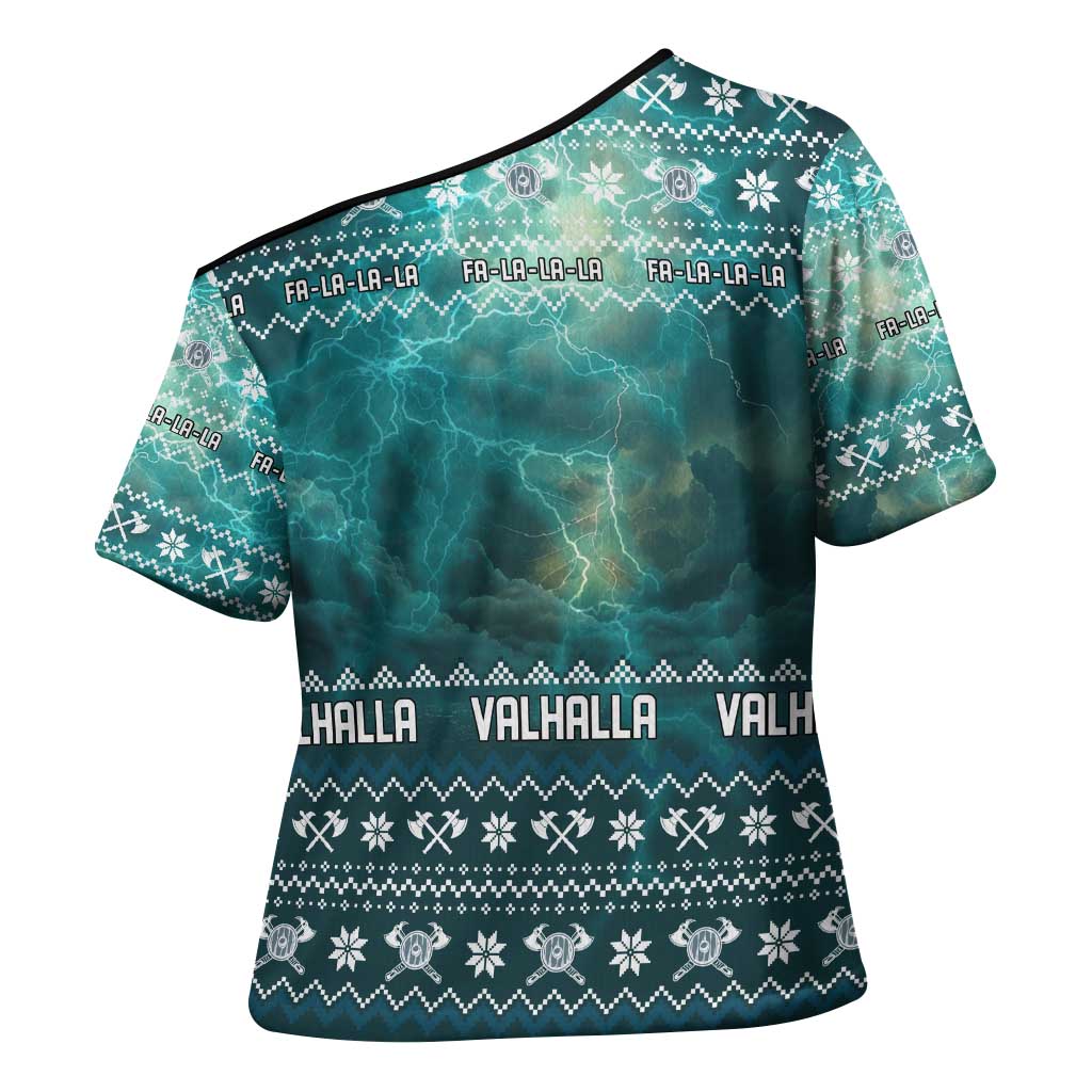 Viking Valhalla Christmas Cross Shoulder Shirt with Norse Symbols Raven and Fa La La La Design - Wonder Print Shop