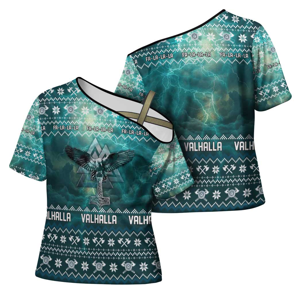 Viking Valhalla Christmas Cross Shoulder Shirt with Norse Symbols Raven and Fa La La La Design - Wonder Print Shop