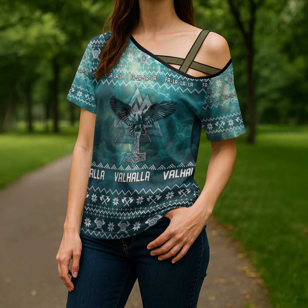 Viking Valhalla Christmas Cross Shoulder Shirt with Norse Symbols Raven and Fa La La La Design - Wonder Print Shop