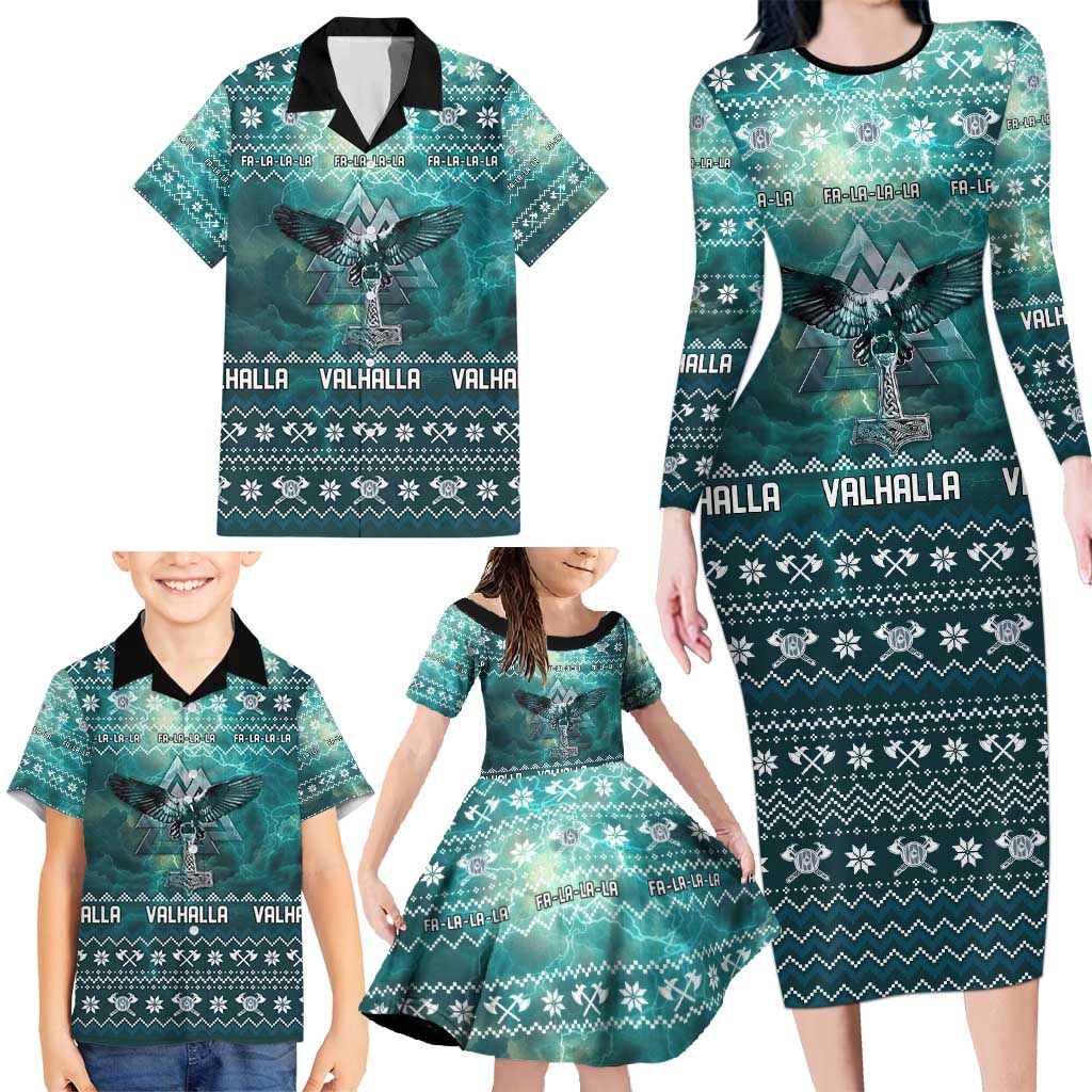 Viking Valhalla Christmas Family Matching Long Sleeve Bodycon Dress and Hawaiian Shirt with Norse Symbols Raven and Fa La La La Design - Wonder Print Shop