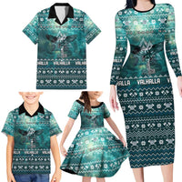 Viking Valhalla Christmas Family Matching Long Sleeve Bodycon Dress and Hawaiian Shirt with Norse Symbols Raven and Fa La La La Design - Wonder Print Shop
