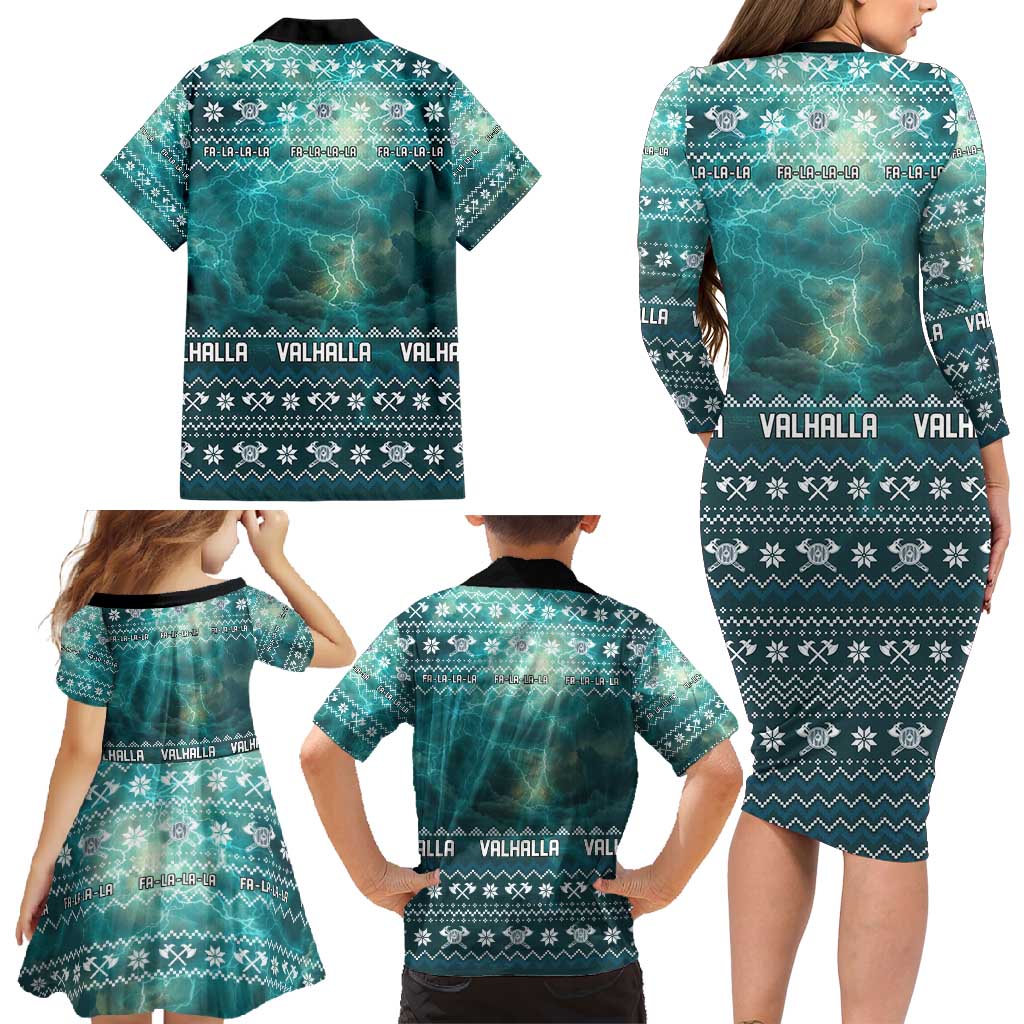 Viking Valhalla Christmas Family Matching Long Sleeve Bodycon Dress and Hawaiian Shirt with Norse Symbols Raven and Fa La La La Design - Wonder Print Shop