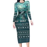 Viking Valhalla Christmas Family Matching Long Sleeve Bodycon Dress and Hawaiian Shirt with Norse Symbols Raven and Fa La La La Design - Wonder Print Shop