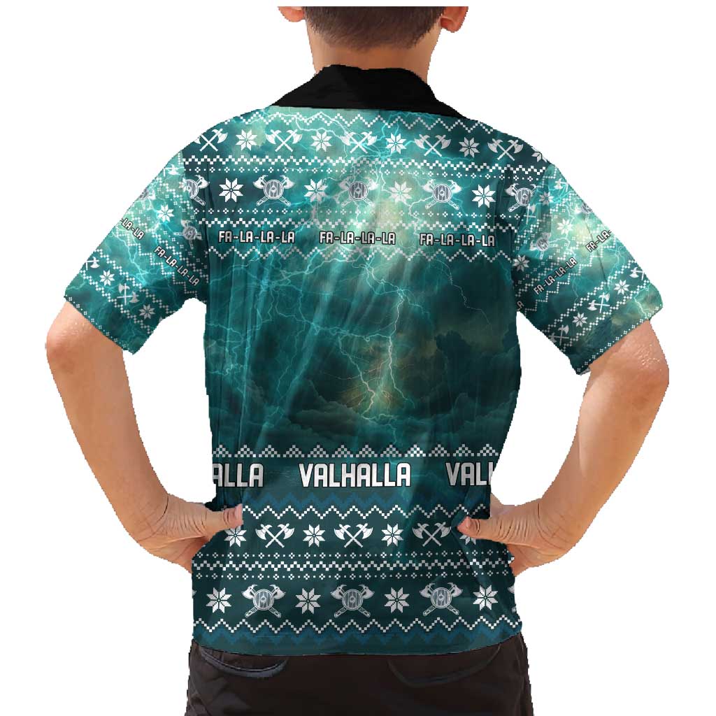 Viking Valhalla Christmas Family Matching Mermaid Dress and Hawaiian Shirt with Norse Symbols Raven and Fa La La La Design - Wonder Print Shop