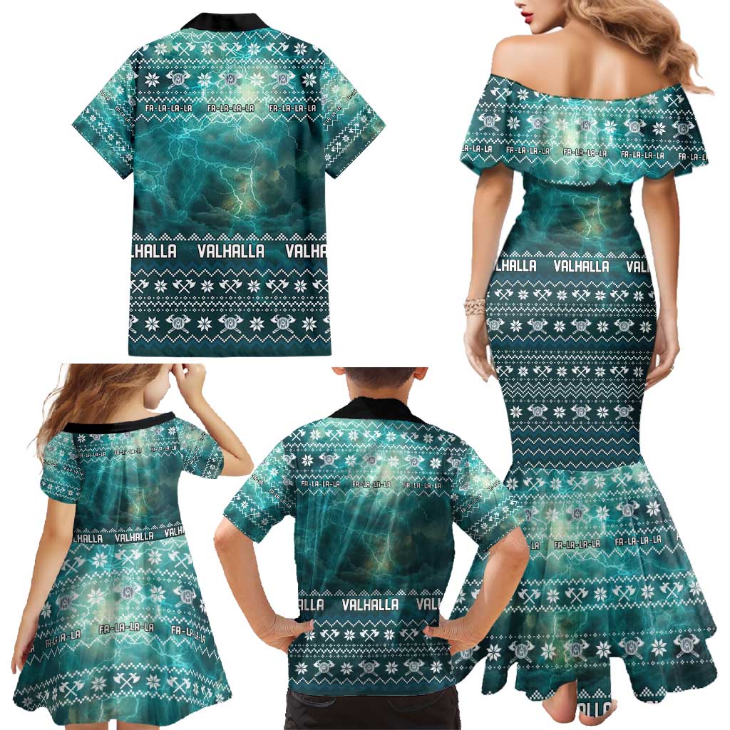 Viking Valhalla Christmas Family Matching Mermaid Dress and Hawaiian Shirt with Norse Symbols Raven and Fa La La La Design - Wonder Print Shop
